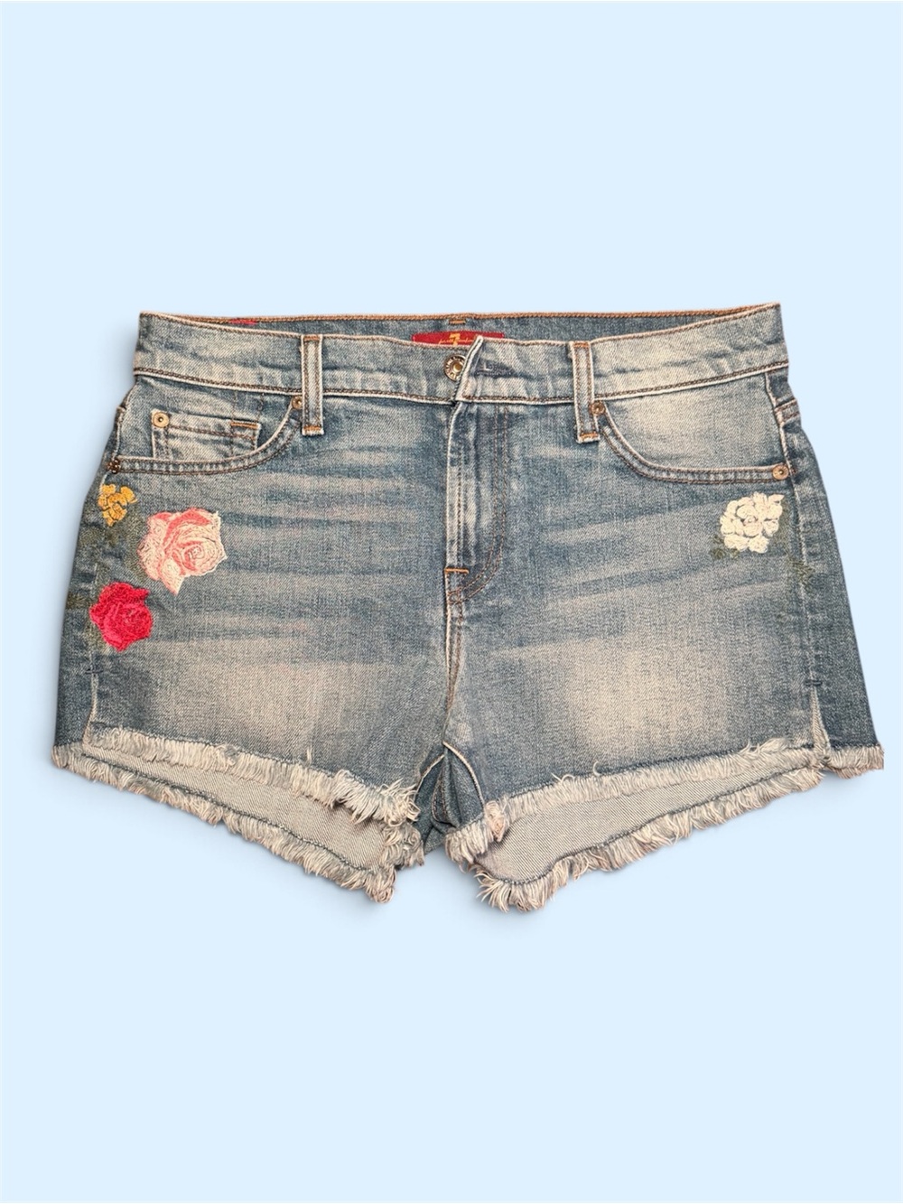 7 For All Mankind Light Blue Embroidered Denim Shorts